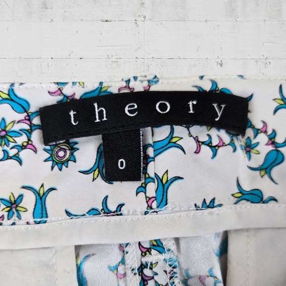 Theory White Blue Floral Silk Mid Rise Tapered Boho Whimsy Pants Trousers Size 0 - Picture 6 of 11
